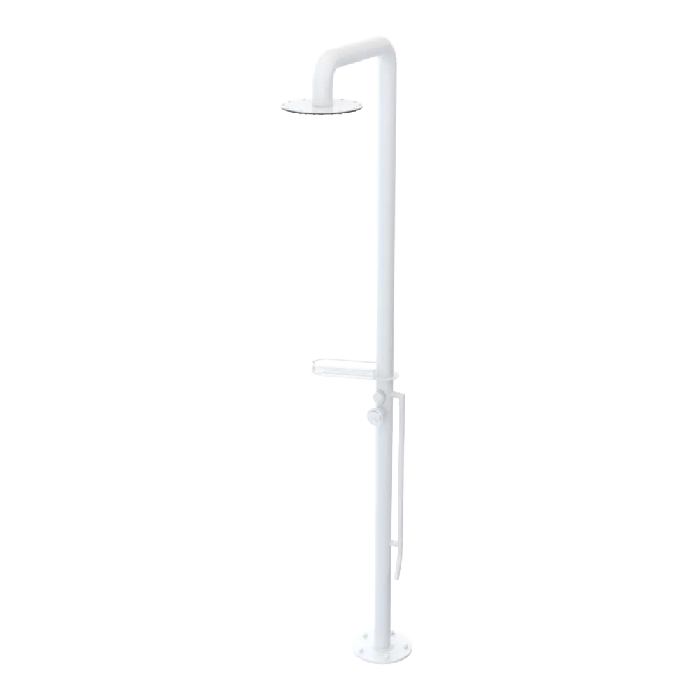 Rubinet Pressure Balance Outdoor Shower with Foot Rinse & 10" Shower Head (with shelf) - 304 Stainless Steel White