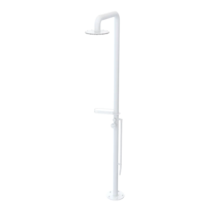 Rubinet Pressure Balance Outdoor Shower with Foot Rinse & 10" Shower Head (with shelf) - 304 Stainless Steel White