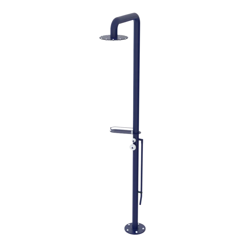 Rubinet Pressure Balance Outdoor Shower with Foot Rinse & 10" Shower Head (with shelf) - 304 Stainless Steel Midnight Blue