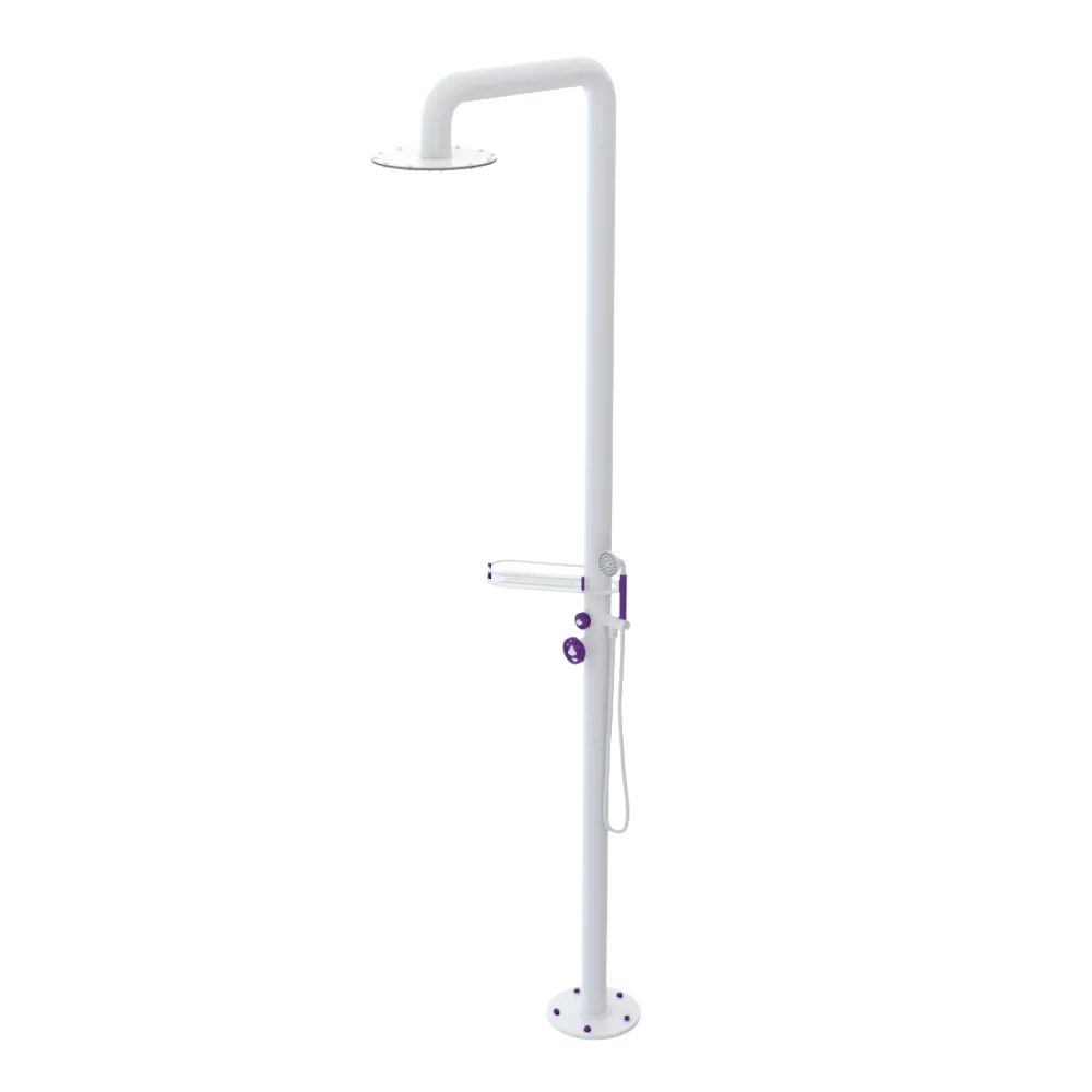 Rubinet Pressure Balance Outdoor Shower with Hand Held Shower & 10" Shower Head (with shelf) - 304 Stainless Steel White