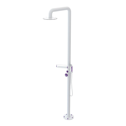 Rubinet Pressure Balance Outdoor Shower with Hand Held Shower & 10" Shower Head (with shelf) - 304 Stainless Steel White