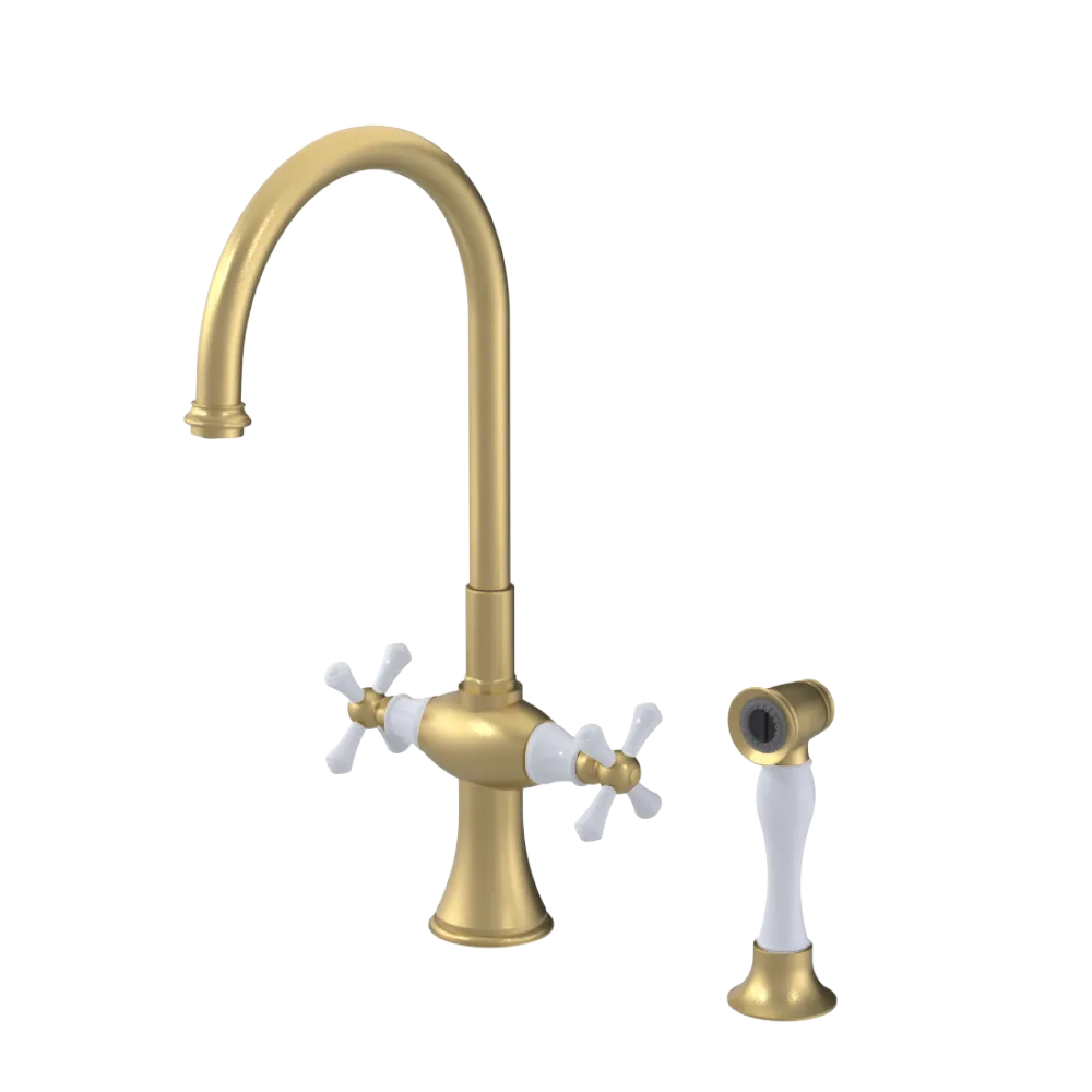 Rubinet Two Handle Single Hole Kitchen Set with Hand Spray Satin Brass