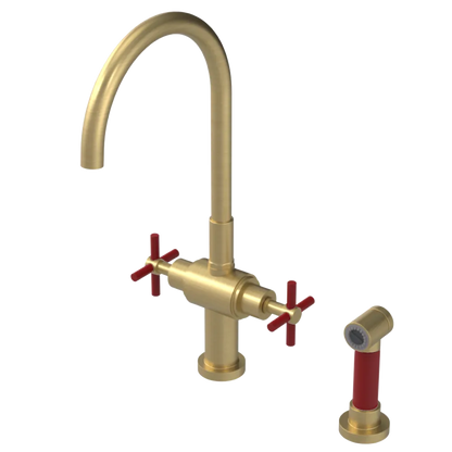 Rubinet Two Handle Single Hole Kitchen Set with LaSalle Spout with Hand Spray Satin Brass