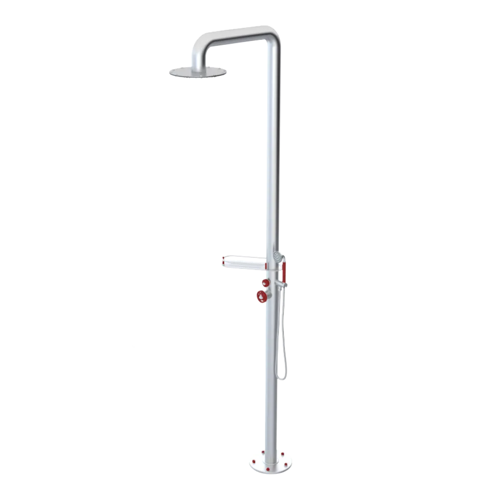 Rubinet Pressure Balance Outdoor Shower with Hand Held Shower & 10" Shower Head (with shelf) - 304 Stainless Steel Satin Chrome