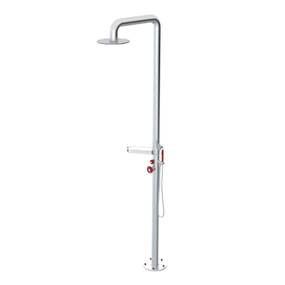 Rubinet Pressure Balance Outdoor Shower with Hand Held Shower & 10" Shower Head (with shelf) - 304 Stainless Steel Satin Chrome
