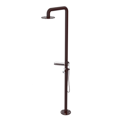 Rubinet Pressure Balance Outdoor Shower with Hand Held Shower & 10" Shower Head (with shelf) - 304 Stainless Steel Bordeaux