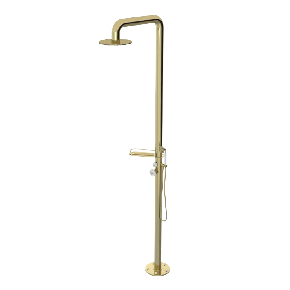 Rubinet Pressure Balance Outdoor Shower with Hand Held Shower & 10" Shower Head (with shelf) - 304 Stainless Steel Bright Brass