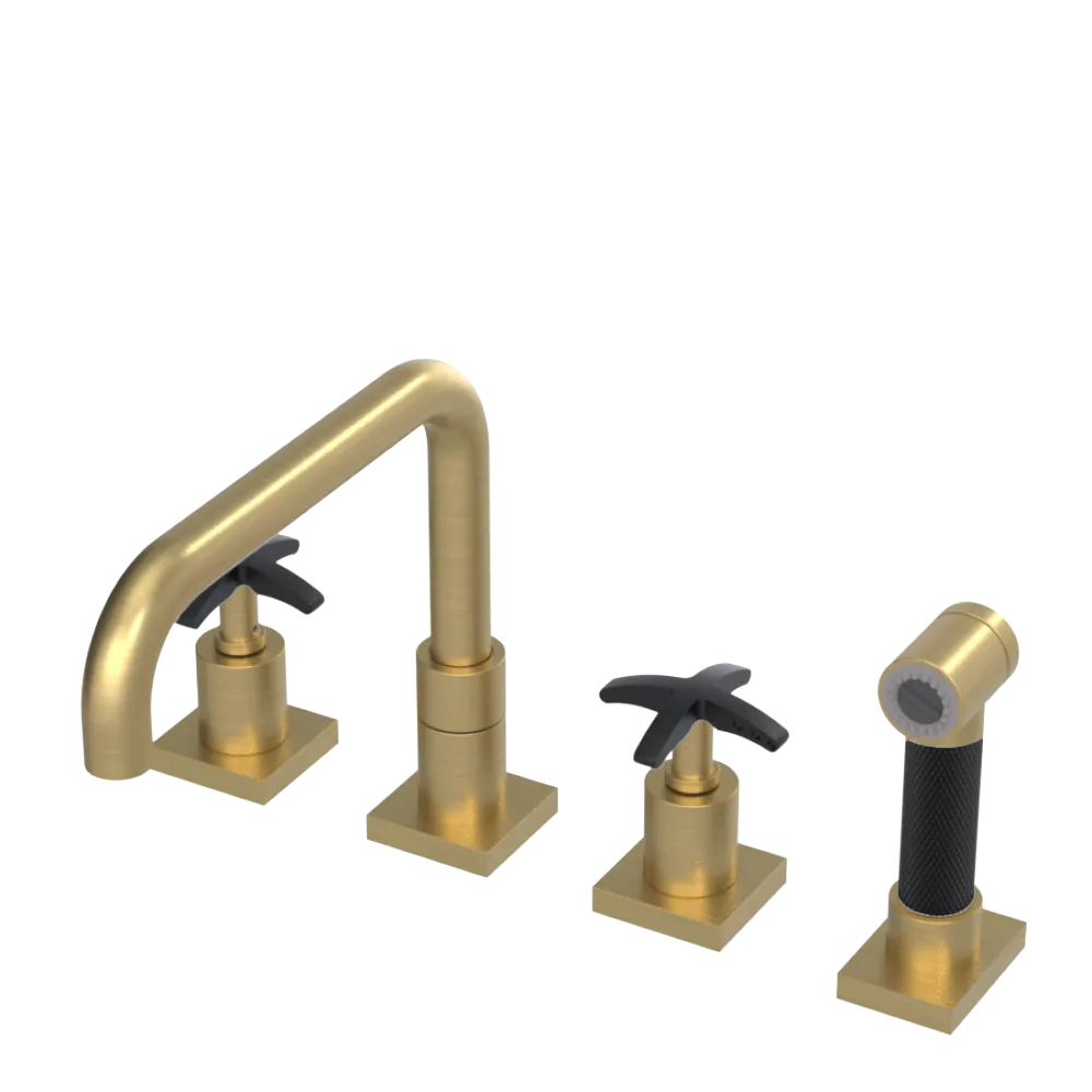 Rubinet Widespread Kitchen Set with Genesis Spout with Hand Spray Satin Brass
