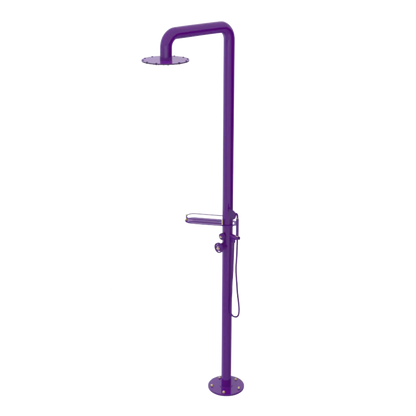 Rubinet Pressure Balance Outdoor Shower with Hand Held Shower & 10" Shower Head (with shelf) - 304 Stainless Steel Purple Haze
