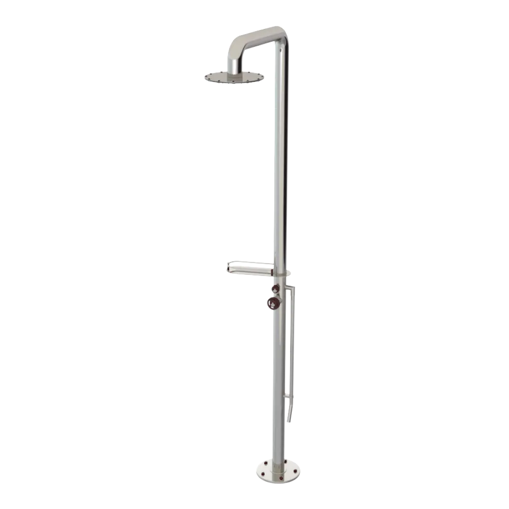 Rubinet Pressure Balance Outdoor Shower with Foot Rinse & 10" Shower Head (with shelf) - 304 Stainless Steel Polished Nickel