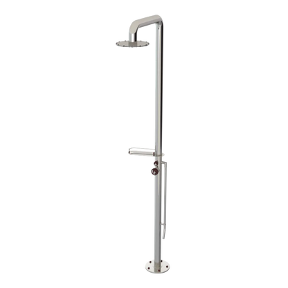 Rubinet Pressure Balance Outdoor Shower with Foot Rinse & 10" Shower Head (with shelf) - 304 Stainless Steel Polished Nickel