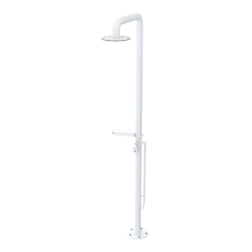 Rubinet Pressure Balance Outdoor Shower with Foot Rinse & 10" Shower Head (with shelf) - 304 Stainless Steel Matt White