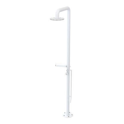 Rubinet Pressure Balance Outdoor Shower with Foot Rinse & 10" Shower Head (with shelf) - 304 Stainless Steel Matt White