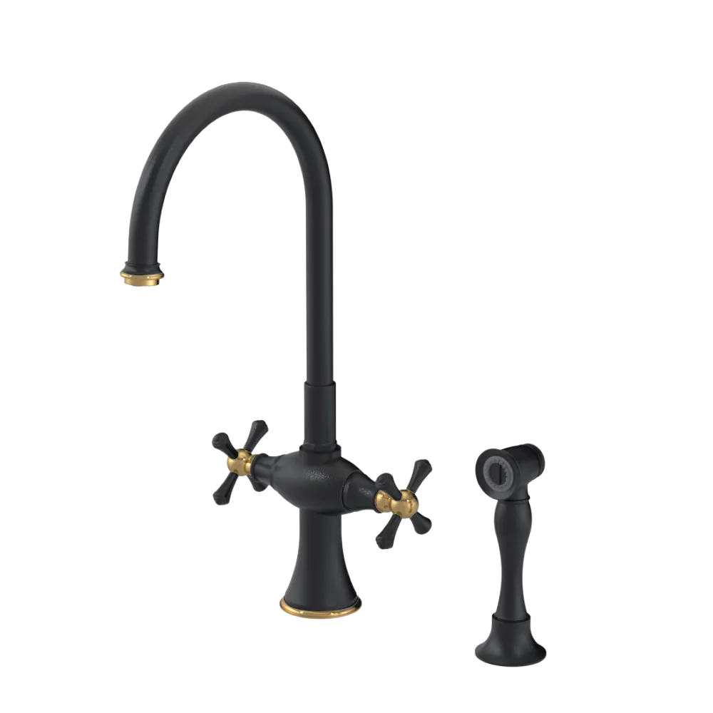 Rubinet Two Handle Single Hole Kitchen Set with Hand Spray Matt Black