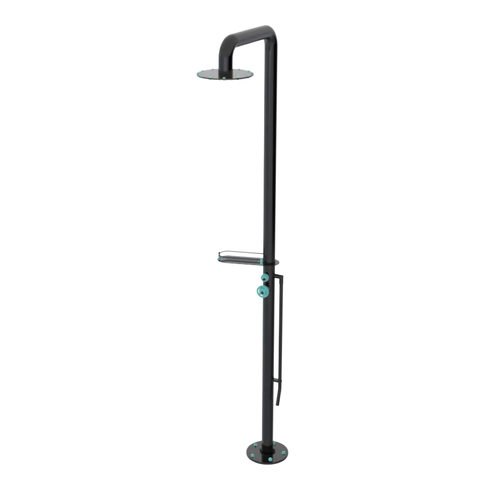 Rubinet Pressure Balance Outdoor Shower with Foot Rinse & 10" Shower Head (with shelf) - 304 Stainless Steel Black
