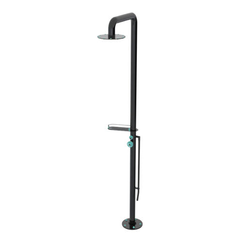Rubinet Pressure Balance Outdoor Shower with Foot Rinse & 10" Shower Head (with shelf) - 304 Stainless Steel Black