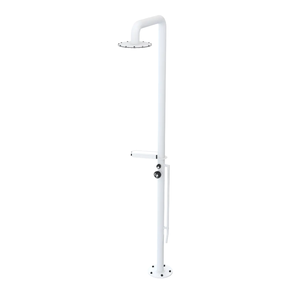 Rubinet Pressure Balance Outdoor Shower with Foot Rinse & 10" Shower Head (with shelf) - 304 Stainless Steel Matt White