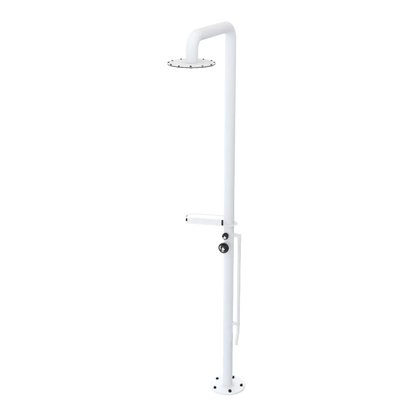 Rubinet Pressure Balance Outdoor Shower with Foot Rinse & 10" Shower Head (with shelf) - 304 Stainless Steel Matt White