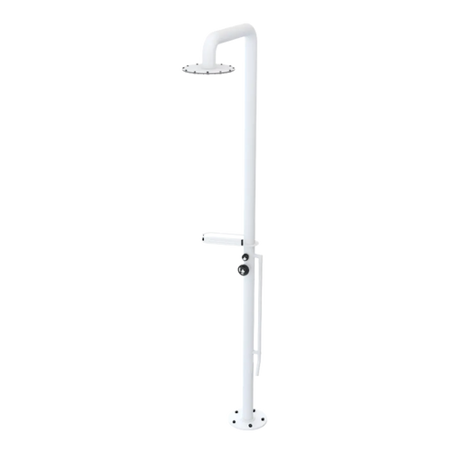 Rubinet Pressure Balance Outdoor Shower with Foot Rinse & 10" Shower Head (with shelf) - 304 Stainless Steel Matt White