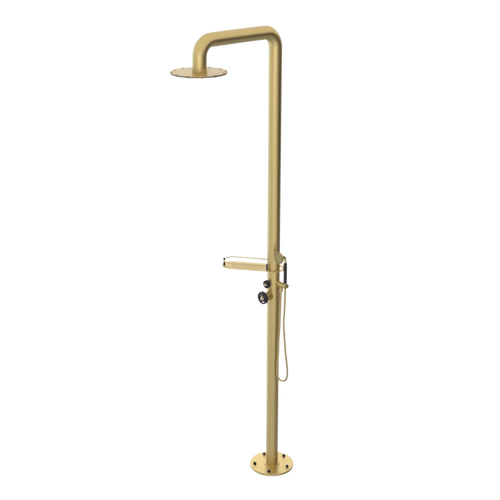 Rubinet Pressure Balance Outdoor Shower with Hand Held Shower & 10" Shower Head (with shelf) - 304 Stainless Steel Satin Brass