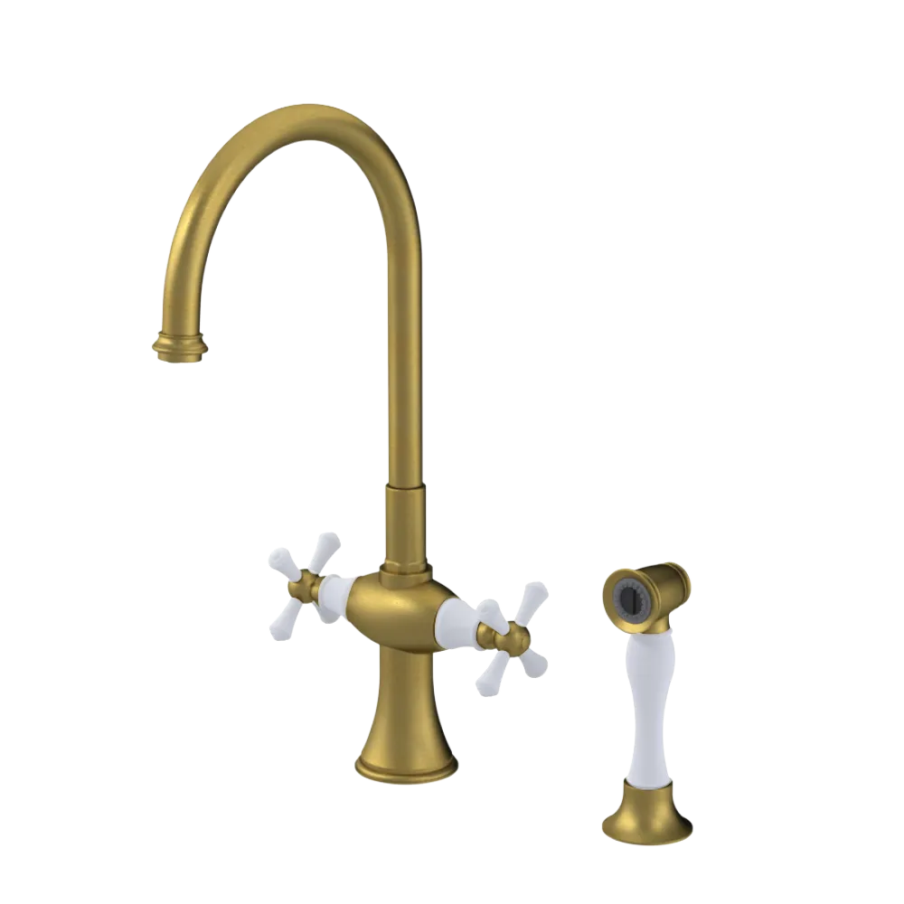 Rubinet Two Handle Single Hole Kitchen Set with Hand Spray Antique Brass Matt