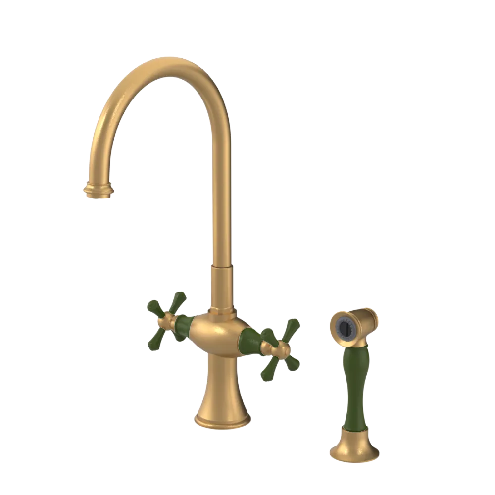 Rubinet Two Handle Single Hole Kitchen Set with Hand Spray Satin Gold