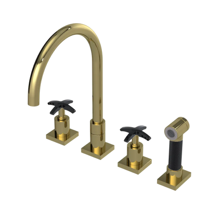 Rubinet Widespread Kitchen Set with Hand Spray Natural Brass