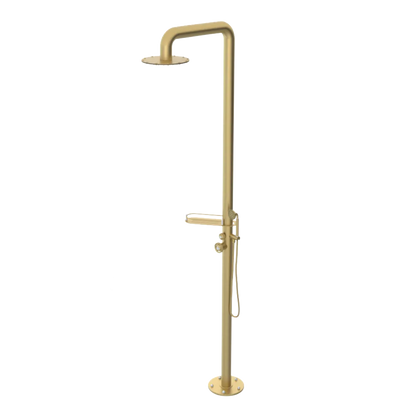 Rubinet Pressure Balance Outdoor Shower with Hand Held Shower & 10" Shower Head (with shelf) - 304 Stainless Steel Satin Brass