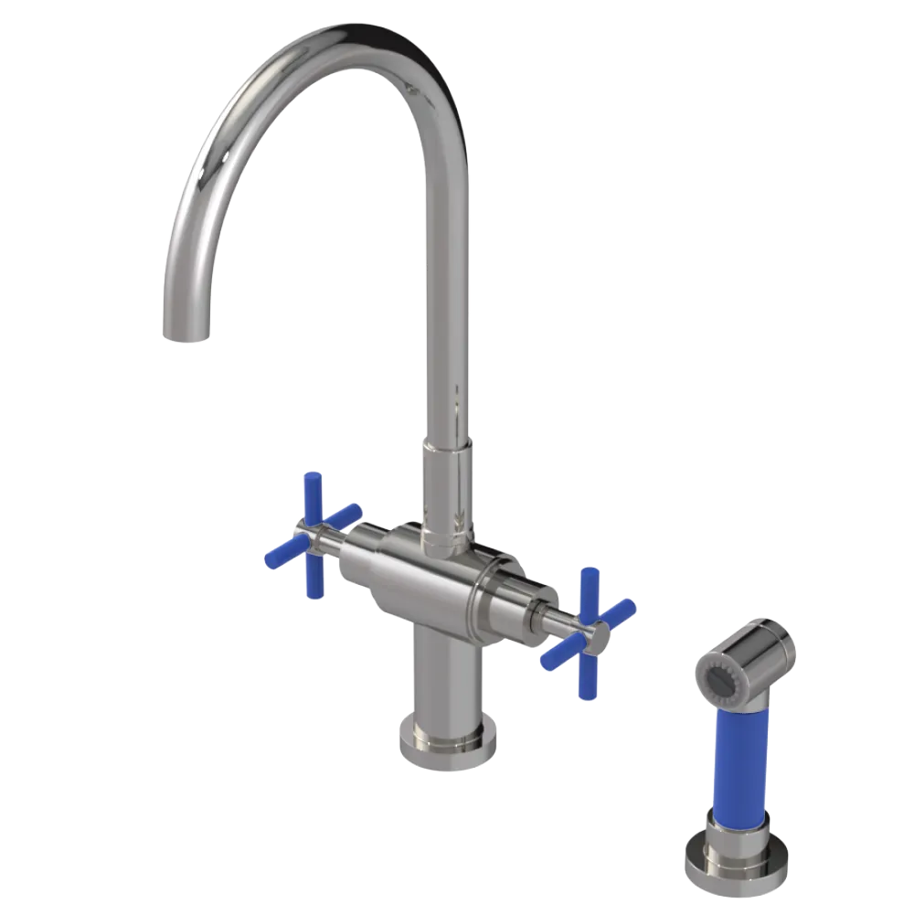 Rubinet Two Handle Single Hole Kitchen Set with LaSalle Spout with Hand Spray Polished Nickel