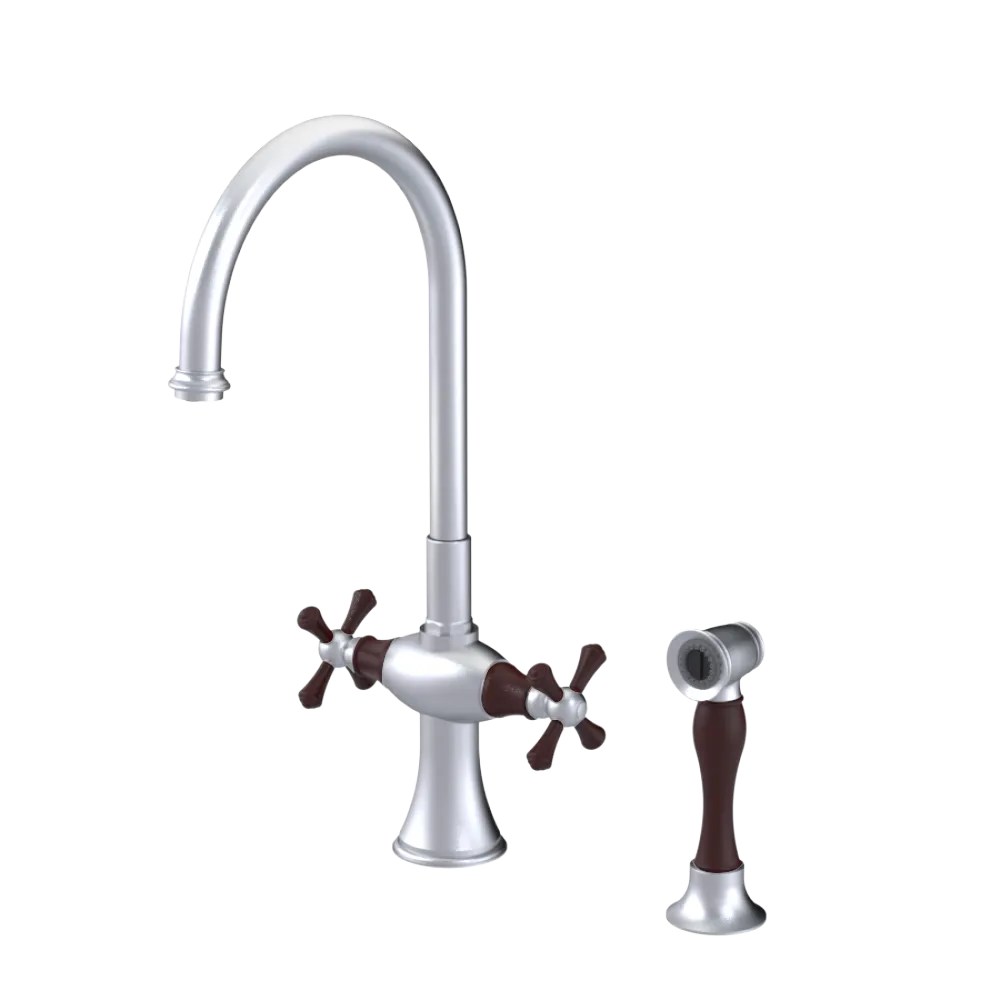 Rubinet Two Handle Single Hole Kitchen Set with Hand Spray Satin Chrome
