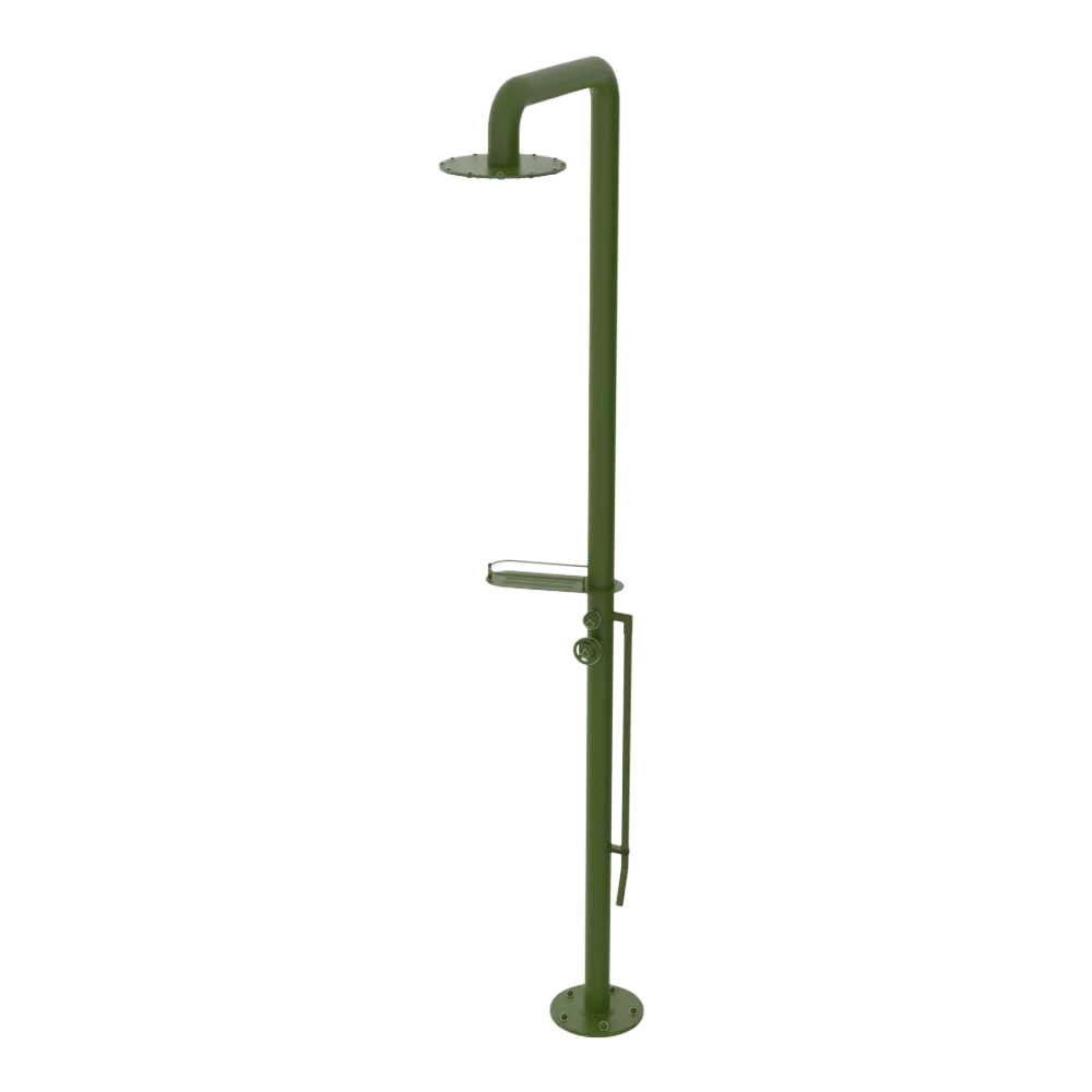 Rubinet Pressure Balance Outdoor Shower with Foot Rinse & 10" Shower Head (with shelf) - 304 Stainless Steel Green Envy