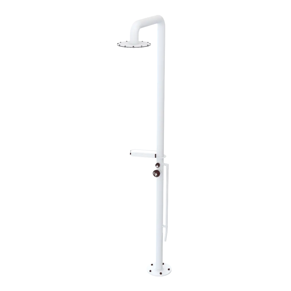 Rubinet Pressure Balance Outdoor Shower with Foot Rinse & 10" Shower Head (with shelf) - 304 Stainless Steel Matt White