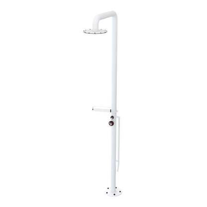Rubinet Pressure Balance Outdoor Shower with Foot Rinse & 10" Shower Head (with shelf) - 304 Stainless Steel Matt White