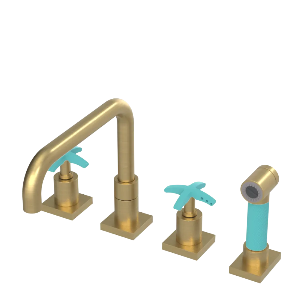 Rubinet Widespread Kitchen Set with Genesis Spout with Hand Spray Satin Gold