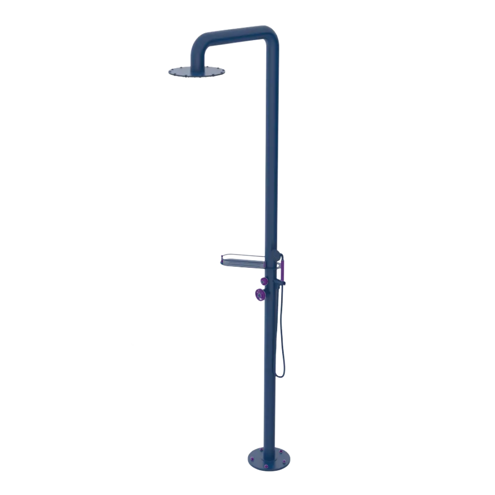 Rubinet Pressure Balance Outdoor Shower with Hand Held Shower & 10" Shower Head (with shelf) - 304 Stainless Steel Midnight Blue