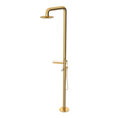 Rubinet Pressure Balance Outdoor Shower with Hand Held Shower & 10" Shower Head (with shelf) - 304 Stainless Steel Gold