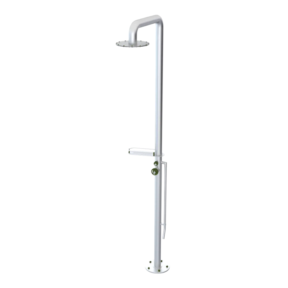 Rubinet Pressure Balance Outdoor Shower with Foot Rinse & 10" Shower Head (with shelf) - 304 Stainless Steel Satin Chrome