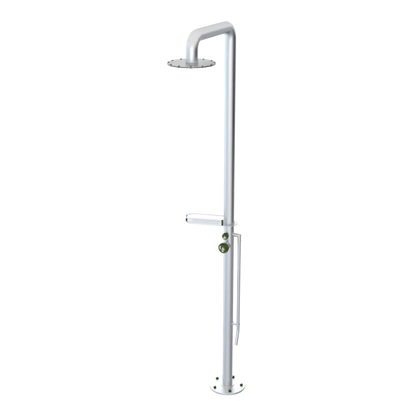 Rubinet Pressure Balance Outdoor Shower with Foot Rinse & 10" Shower Head (with shelf) - 304 Stainless Steel Satin Chrome