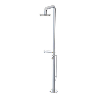 Rubinet Pressure Balance Outdoor Shower with Foot Rinse & 10" Shower Head (with shelf) - 304 Stainless Steel Chrome