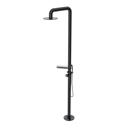 Rubinet Pressure Balance Outdoor Shower with Hand Held Shower & 10" Shower Head (with shelf) - 304 Stainless Steel Black