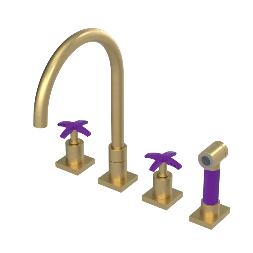Rubinet Widespread Kitchen Set with Hand Spray Satin Brass
