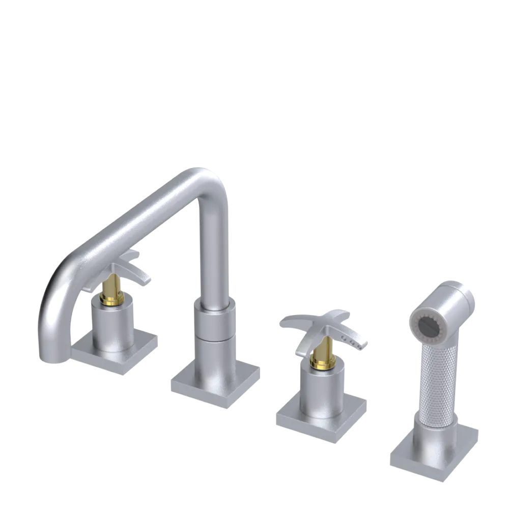 Rubinet Widespread Kitchen Set with Genesis Spout with Hand Spray Satin Chrome