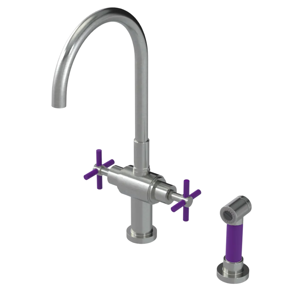 Rubinet Two Handle Single Hole Kitchen Set with LaSalle Spout with Hand Spray Satin Nickel