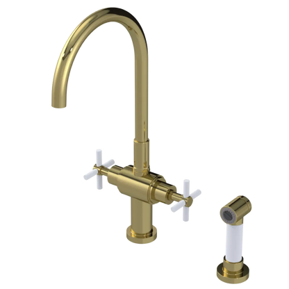 Rubinet Two Handle Single Hole Kitchen Set with LaSalle Spout with Hand Spray Natural Brass