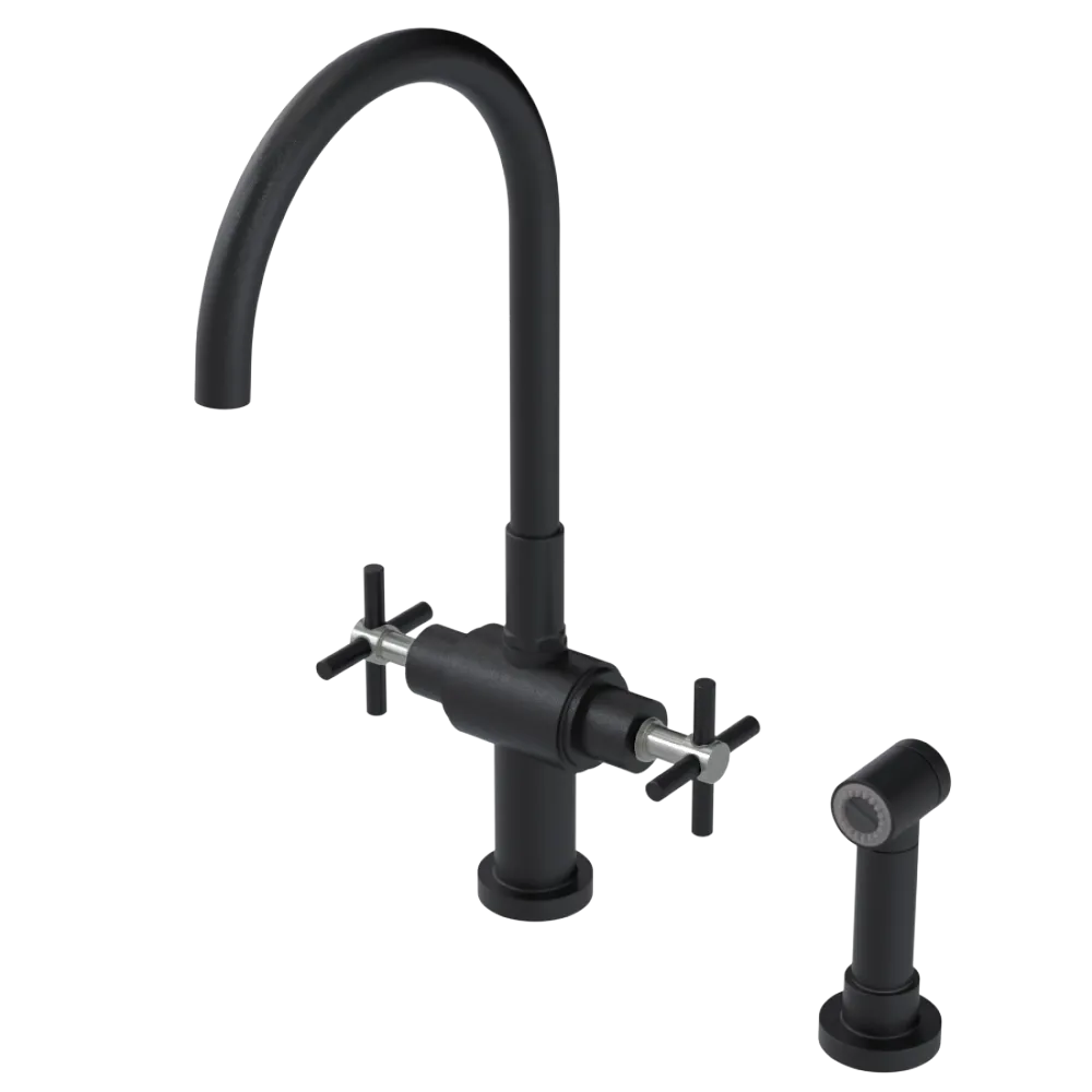 Rubinet Two Handle Single Hole Kitchen Set with LaSalle Spout with Hand Spray Matt Black