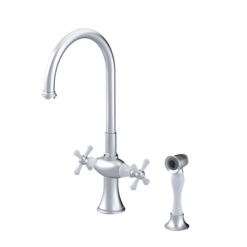 Rubinet Two Handle Single Hole Kitchen Set with Hand Spray Satin Chrome