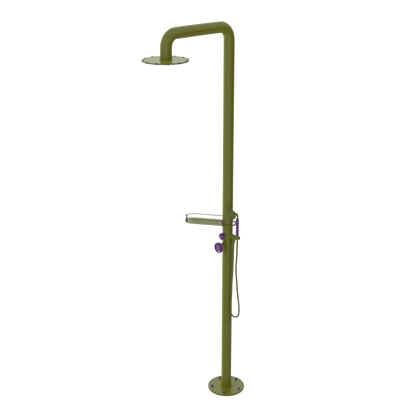 Rubinet Pressure Balance Outdoor Shower with Hand Held Shower & 10" Shower Head (with shelf) - 304 Stainless Steel Green Envy