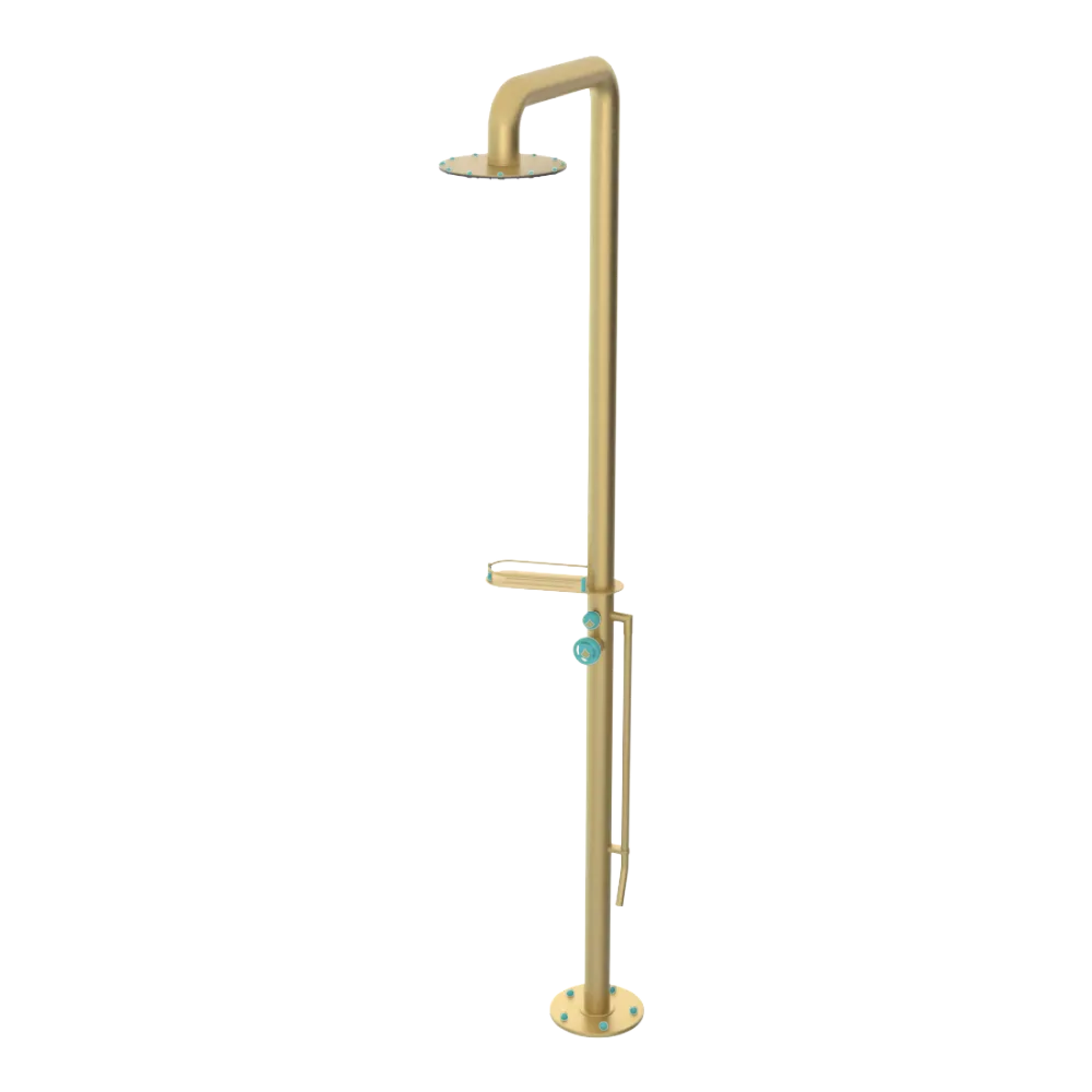 Rubinet Pressure Balance Outdoor Shower with Foot Rinse & 10" Shower Head (with shelf) - 304 Stainless Steel Satin Brass