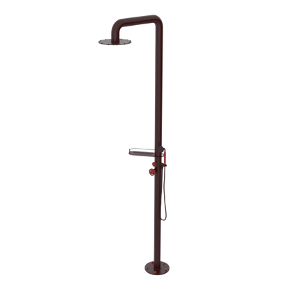 Rubinet Pressure Balance Outdoor Shower with Hand Held Shower & 10" Shower Head (with shelf) - 304 Stainless Steel Bordeaux