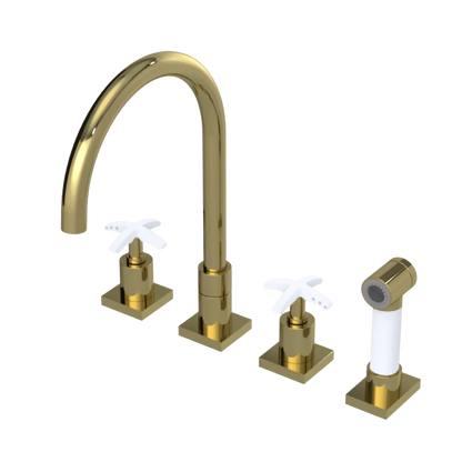 Rubinet Widespread Kitchen Set with Hand Spray Natural Brass